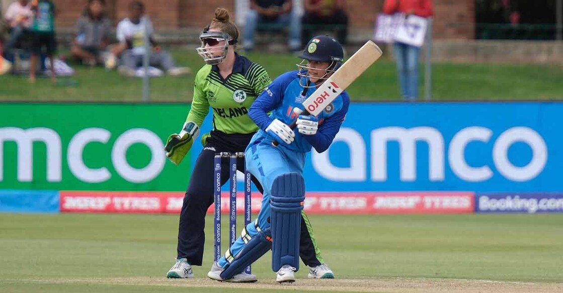 India's Smriti Mandhana watches the ball after playing a shot during the Group B T20 women's World Cup cricket match against Ireland at St George's on Monday. Photo: AFP/Michael Sheehan