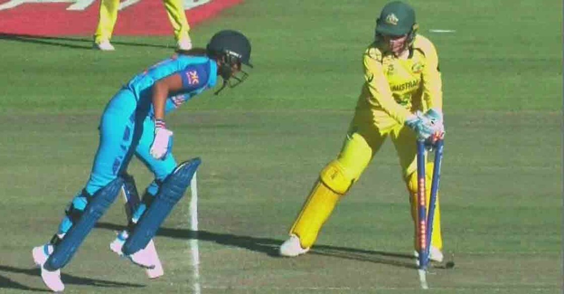 Captain Harmanpreet Kaur's unfortunate run-out on 52 at semi-finals of Women's T20 World Cup against Australia. Photo: IANS