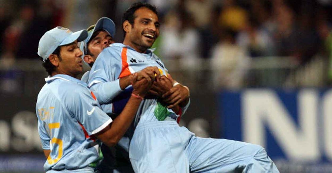Joginder Sharma, right, is congratulated by Rohit Sharma and S Sreesanth on dismissing Australia's Brett Lee in the semifinal of the 2007 T20 World Cup. File photo: AFP/Saeed Khan