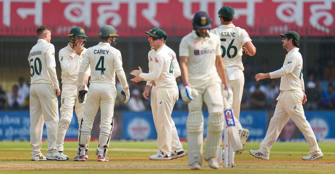 Australian players celebrate the dismissal of Shubman Gill. Photo: PTI/Ravi Choudhary