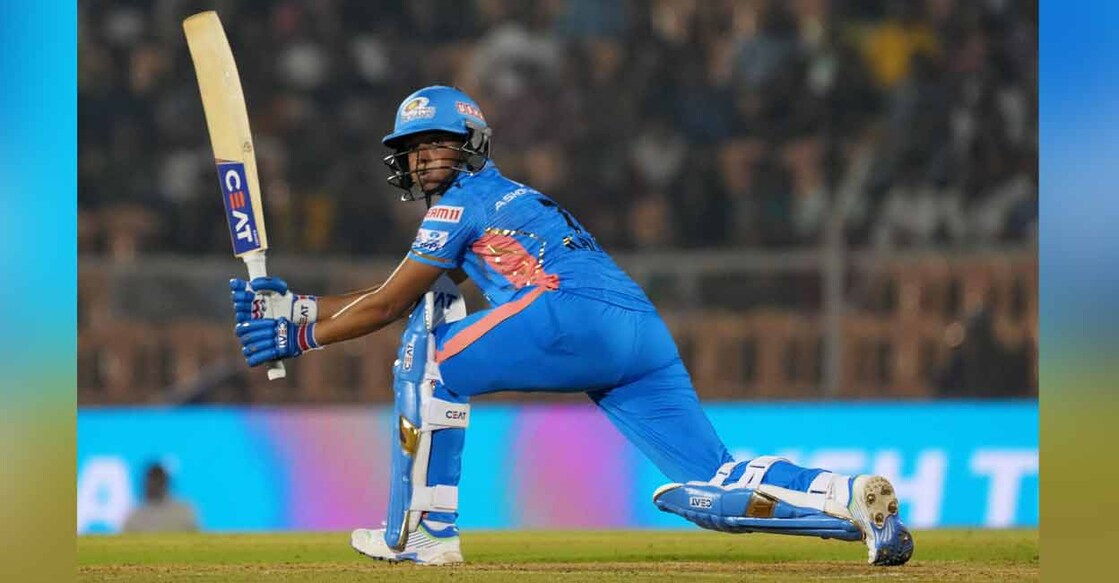 Mumbai Indians player Harmanpreet Kaur plays a shot against the UP Warriorz during the Women's Premier League (WPL) match at Brabourne Stadium in Mumbai on Sunday. Photo: PTI