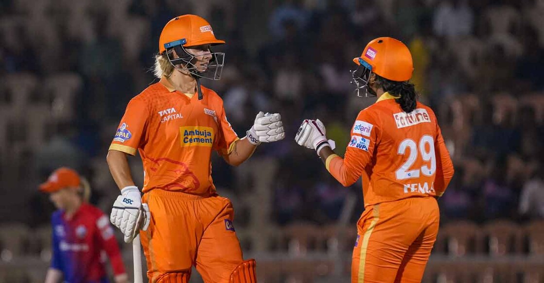 Gujarat Giants players Ashleigh Gardner celebrates her half century during 2023 WPL match against Delhi Capitals in Mumbai on Thursday. Photo: PTI