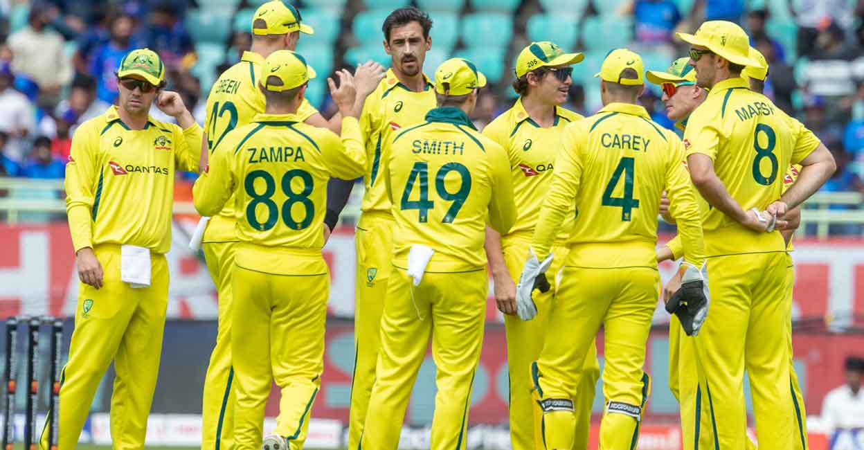 Mitchell Starc, centre, blew away the Indian top order. Photo: Twitter@ICC