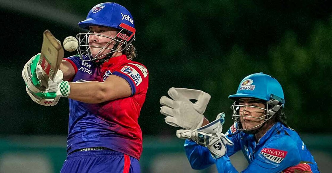 Delhi Capitals Alice Capsey plays a shot during the 2023 Women's Premier League (WPL) Twenty20 cricket match against Mumbai Indians at DY Patil Stadium in Navi Mumbai on Monday. Photo: PTI
