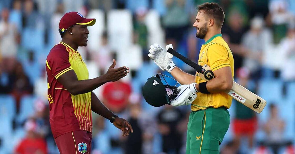 South Africa's Aiden Markram with West Indies' Rovman Powell at the end of the match. Photo: Reuters/Siphiwe Sibeko