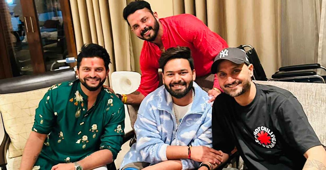 Suresh Raina, S Sreesanth and Harbhan Singh with Rishabh Pant. Photo: Twitter@ImRaina