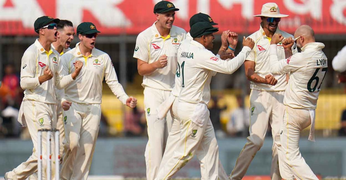 Nathan Lyon stars Nathan Lyon, right, returned a match haul of 11/99. Photo: PTI/Ravi Choudhary