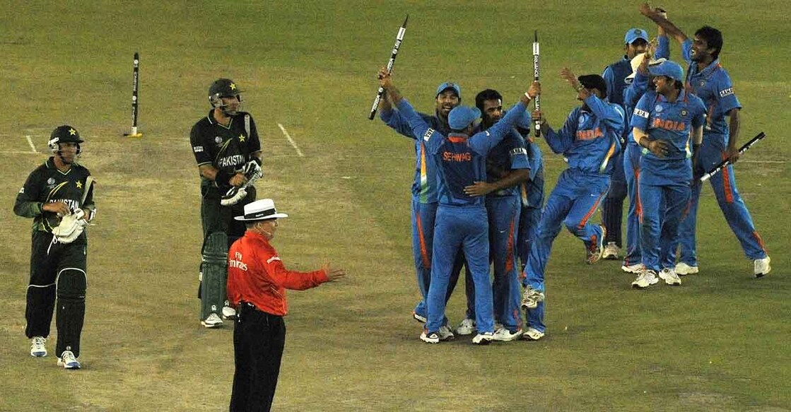Indian players celebrate their win over Pakistan in the semifinal of the 2011 World Cup at Mohali. File photo: AFP/Manan Vatsyayana 