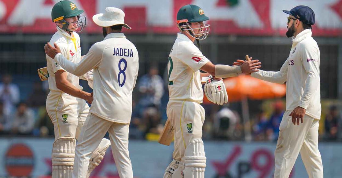 Australia's Marnus Labuschagne and Travis Head shake hands with Ravindra Jadeja and Virat Kohli at the end of the Indore Test. File photo: PTI/Ravi Choudhary