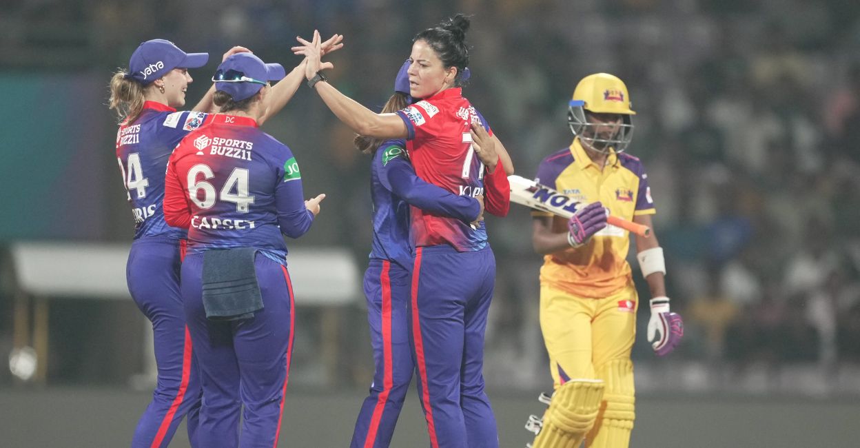 wpl-delhi-up Delhi Capitals Marizanne Kapp celebrates with her teammates the wicket of UP Warriorz Shweta Sehrawat during the 2023 Women's Premier League (WPL) Twenty20 cricket match between UP Warriorz and Delhi Capitals at DY Patil Stadium, in Navi Mumbai, Tuesday, March 7, 2023. Photo: PTI