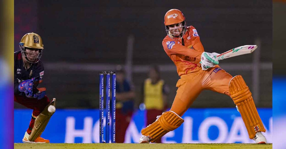 Gujarat Giants Sophia Dunkley plays a shot against Royal Challengers Bangalore during the 2023 Women's Premier League (WPL) at Brabourne Stadium in Mumbai on Wednesday. Photo: PTI 