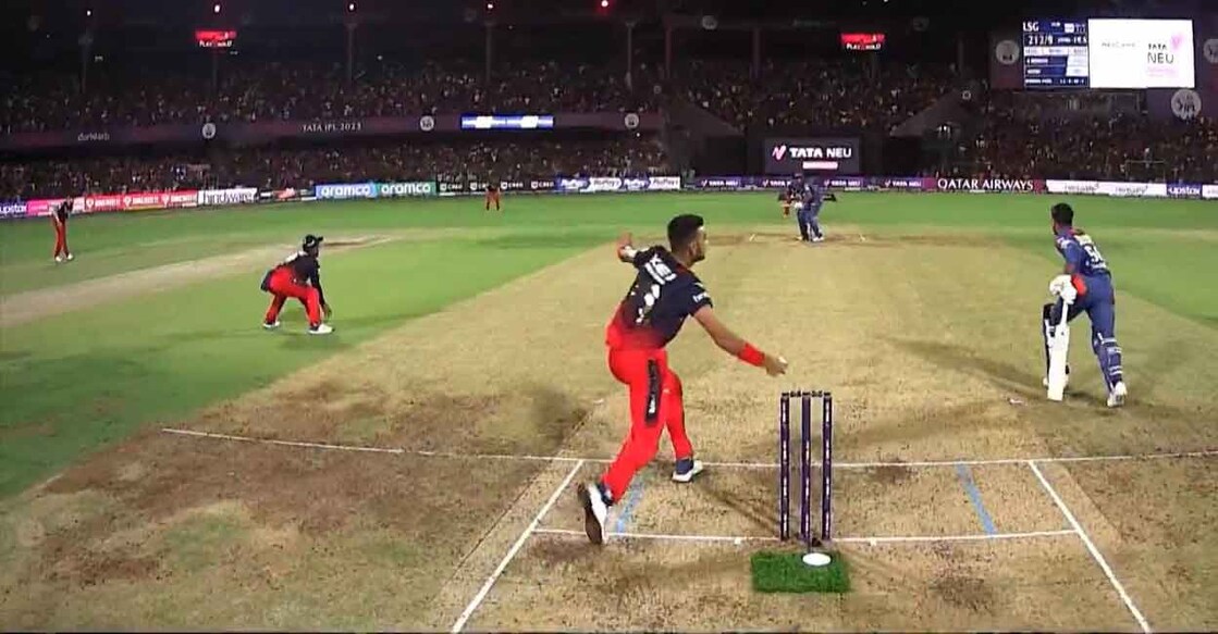 Harshal Patel fails to dislodge the bails with Ravi Bishnoi well out of the crease. Screengrab