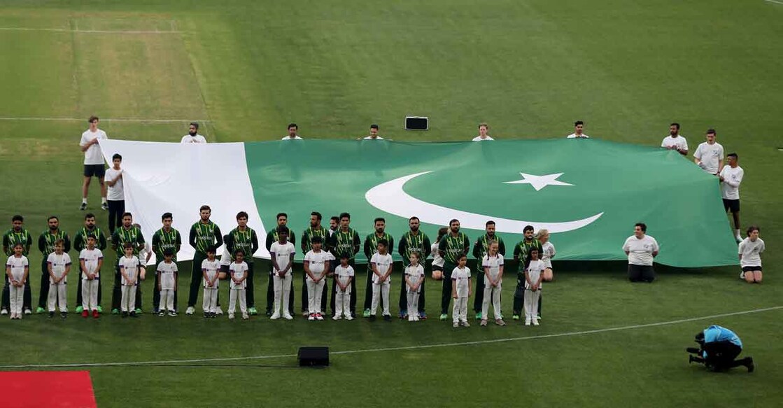 Pakistan team members line up for national anthem ahead of the T20 World Cup match against India last year. File photo: AFP/Surjeet Yadav