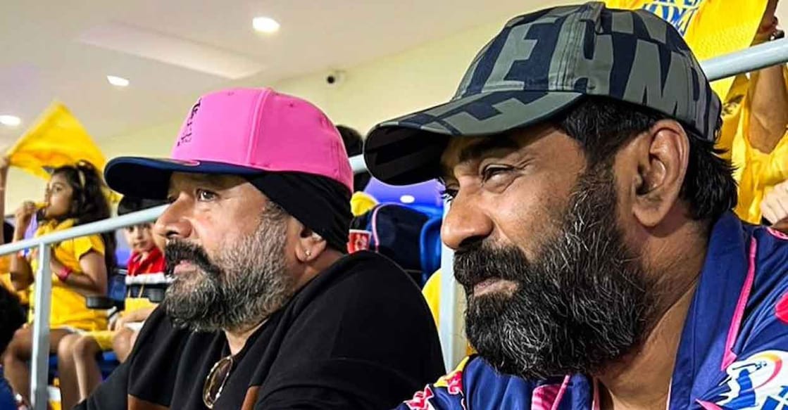 Jayaram and Biju Menon watch the match at Chepauk in Chennai. Photo: Twitter@rajasthanroyals
