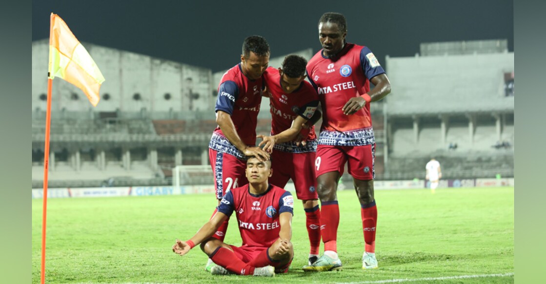 Jamshedpur FC players celebrate a goal against ATK Mohun Bagan in the Super Cup at EMS Corporation Stadium in Kozhikode on Friday. Photo: AIFF