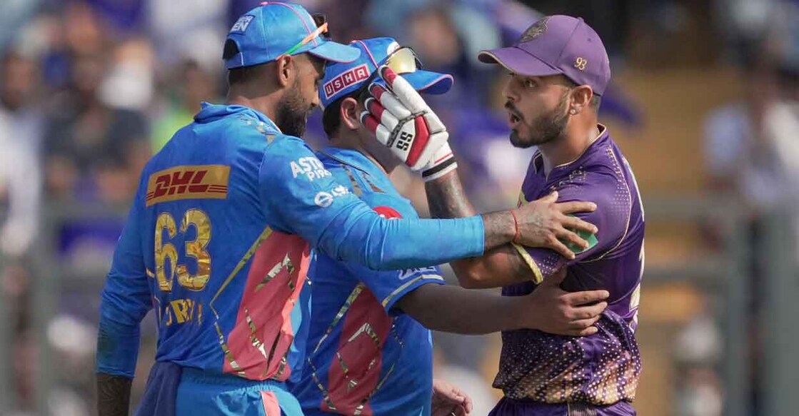 KKR captain Nitish Rana is pacified by his Mumbai Indians counterpart Suryakumar Yaddav and Piyush Chawla. Photo: PTI/Kunal Patil