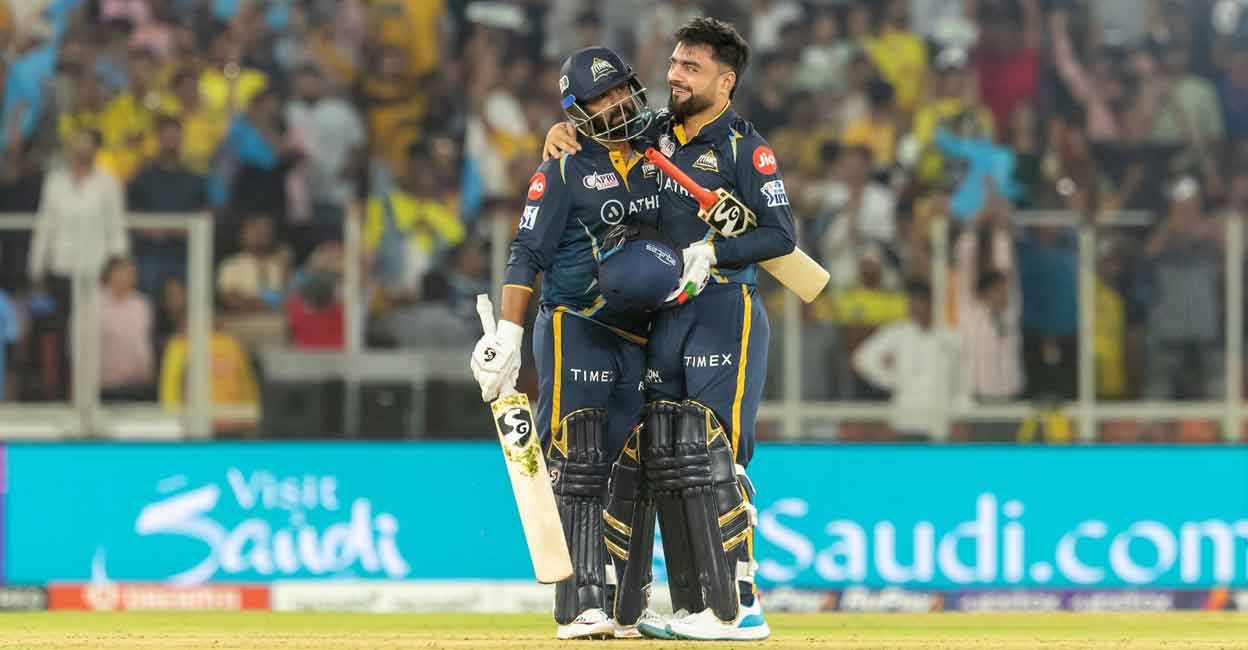 Rahul Tewatia & Rashid Khan Gujarat Titans' Rahul Tewatia, left, and Rashid Khan celebrate their win over Chennai Super Kings. File photo: Twitter@gujarat_titans
