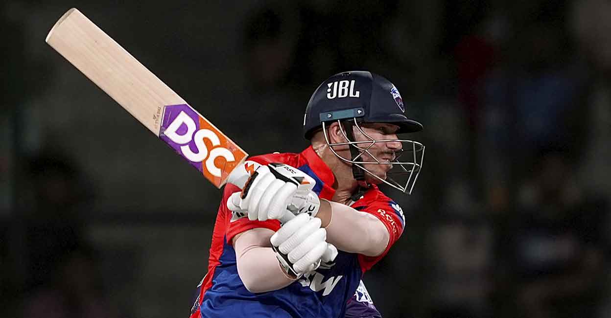 Delhi Capitals skipper David Warner plays a cut shot. Photo: PTI/Vijay Verma
