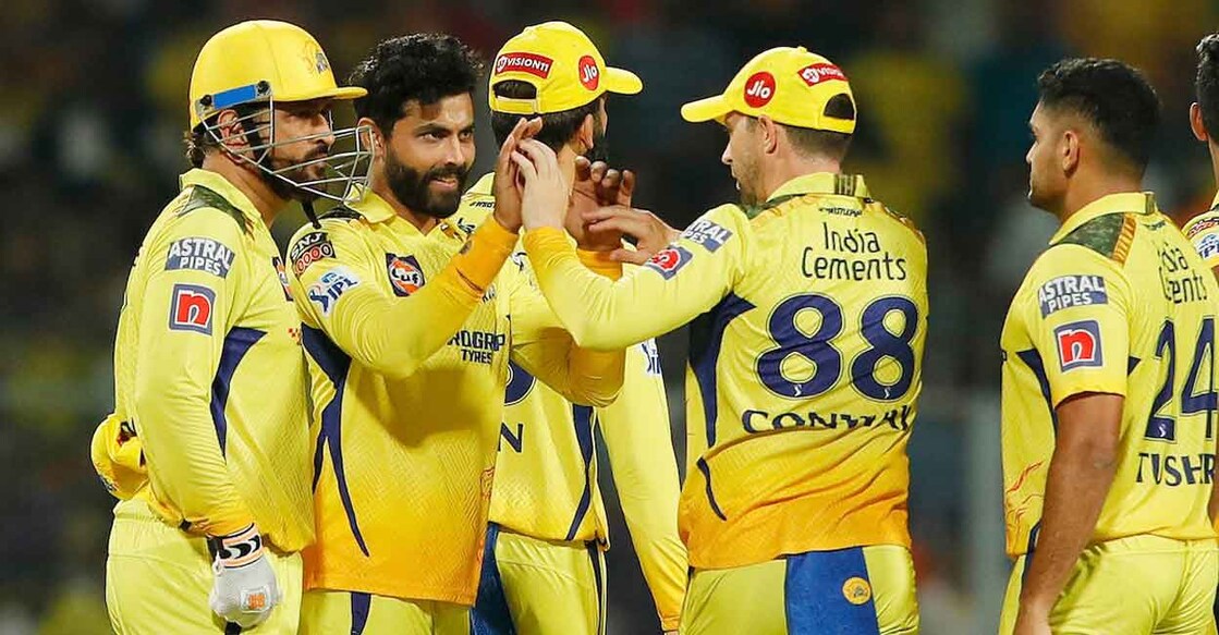 Chennai Super Kings players celebrate a wicket. Photo: Twitter@IPL