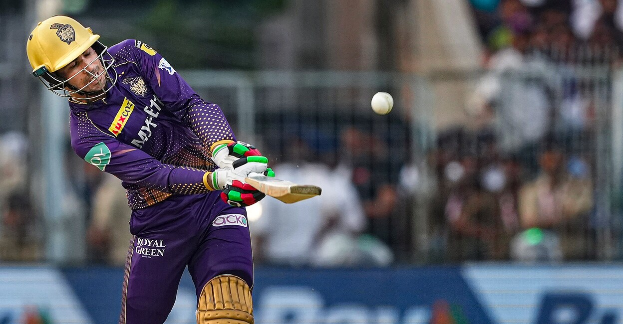 PTI04_29_2023_000192A Kolkata Knight Riders opener Rahmanullah Gurbaz plays a shot against Gujarat Titans during the IPL at Eden Gardens in Kolkata on Saturday. Photo: PTI