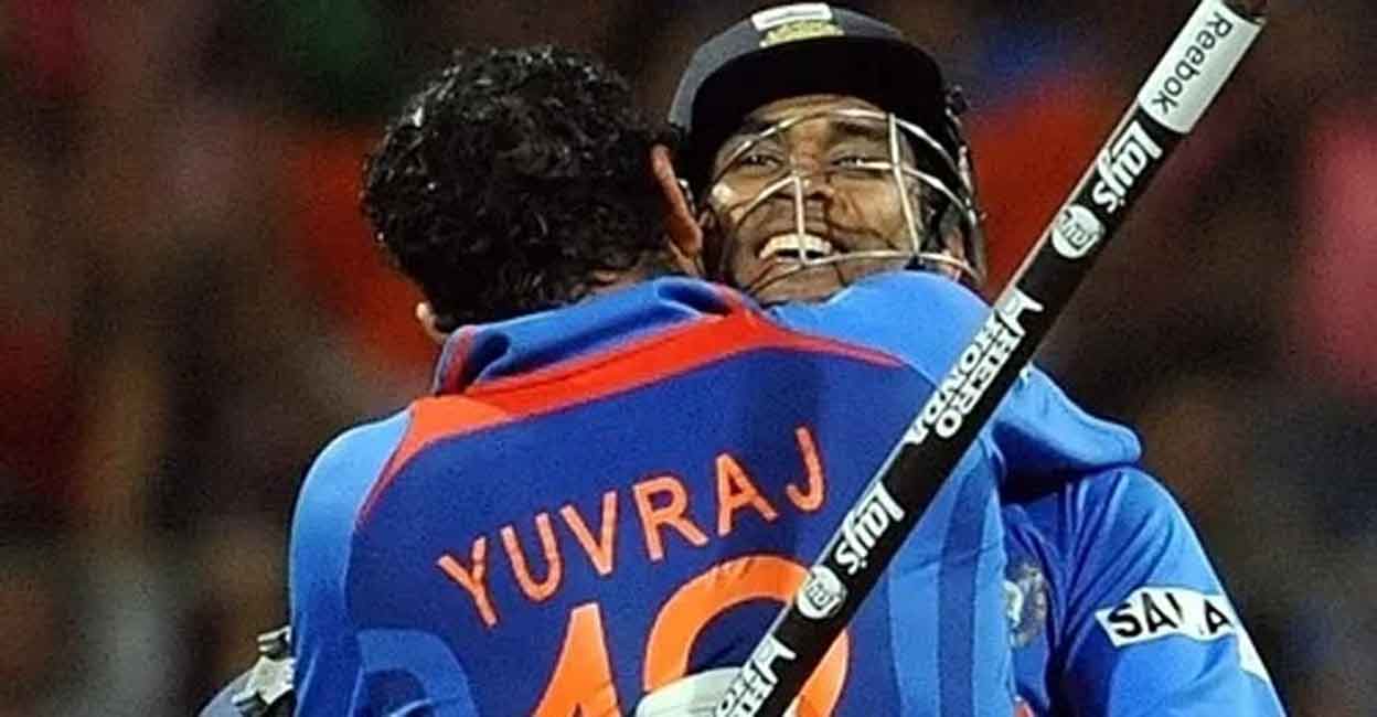 Yuvraj & Dhoni M S Dhoni celebrates with Yuvraj Singh after hitting the winning shot in the 2011 World Cup final. File photo: IANS