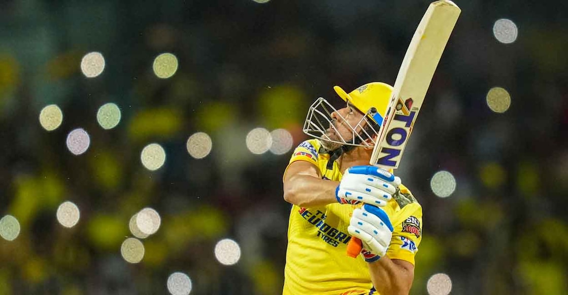 M S Dhoni M S Dhoni hits a six off Mark Wood. Photo: PTI/R Senthil Kumar