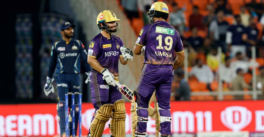 Rinku Singh and Umesh Yadav during the final over of the chase. Photo: PTI