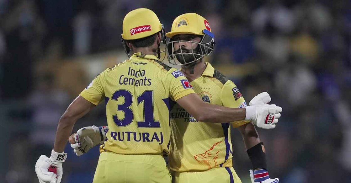 Ruturaj Gaikwad congratulates Ajinkya Rahane on scoring a fifty. Photo: PTI/Kunal Patil