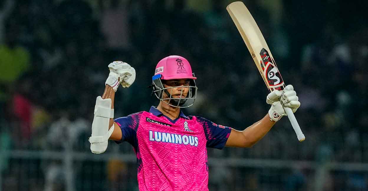 Yashasvi Jaiswal celebrtaes his fifty. Photo: PTI/Swapan Mahapatra