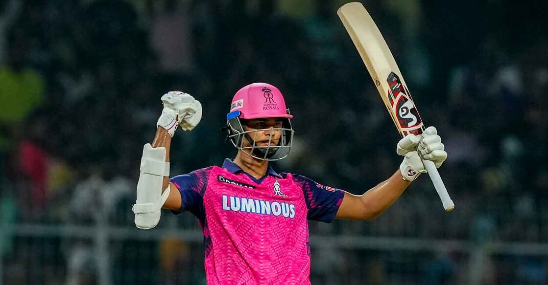 Yashasvi Jaiswal celebrtaes his fifty. Photo: PTI/Swapan Mahapatra