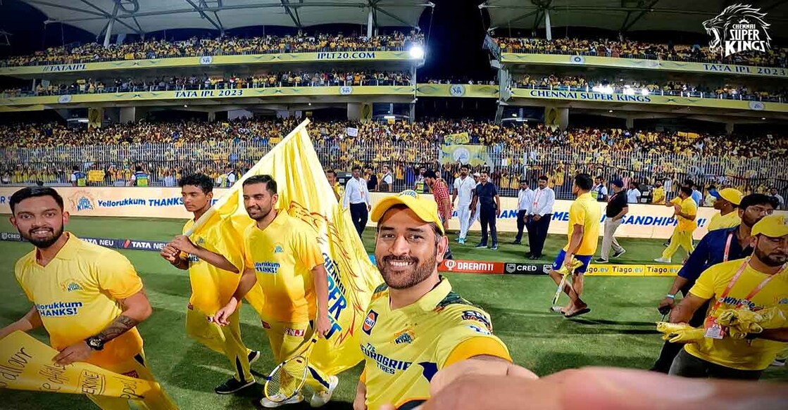 M S Dhoni & Co. during the lap of honour. Photo: Twitter@ChennaiIPL