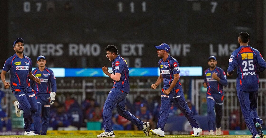 LSG bowler Yash Thakur celebrates the wicket of MI batter Suryakumar Yadav during the match. Photo: PTI
