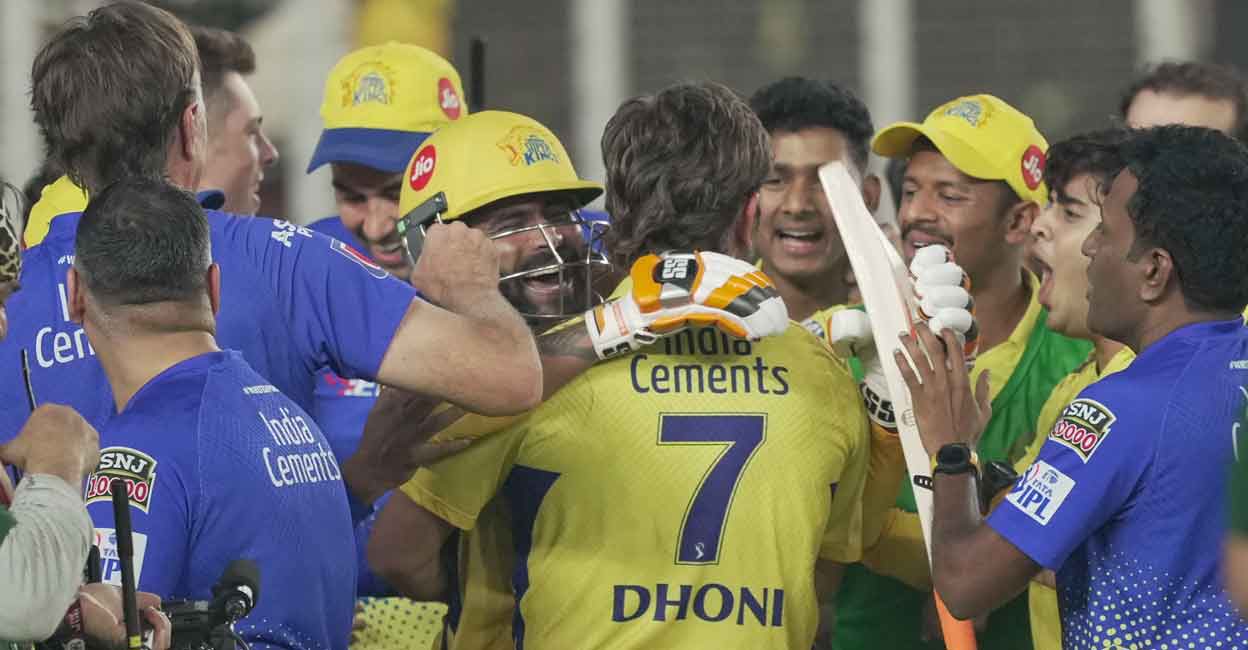 M S Dhoni and Ravindra Jadeja celebrate CSK's triumph. Photo: PTI/Kunal Patil