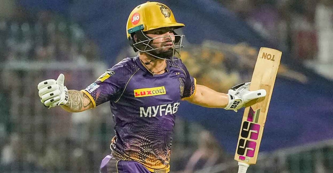 Rinku Singh exults after hitting the winning boundary against Punjab Kings. Photo: PTI/Swapan Mahapatra