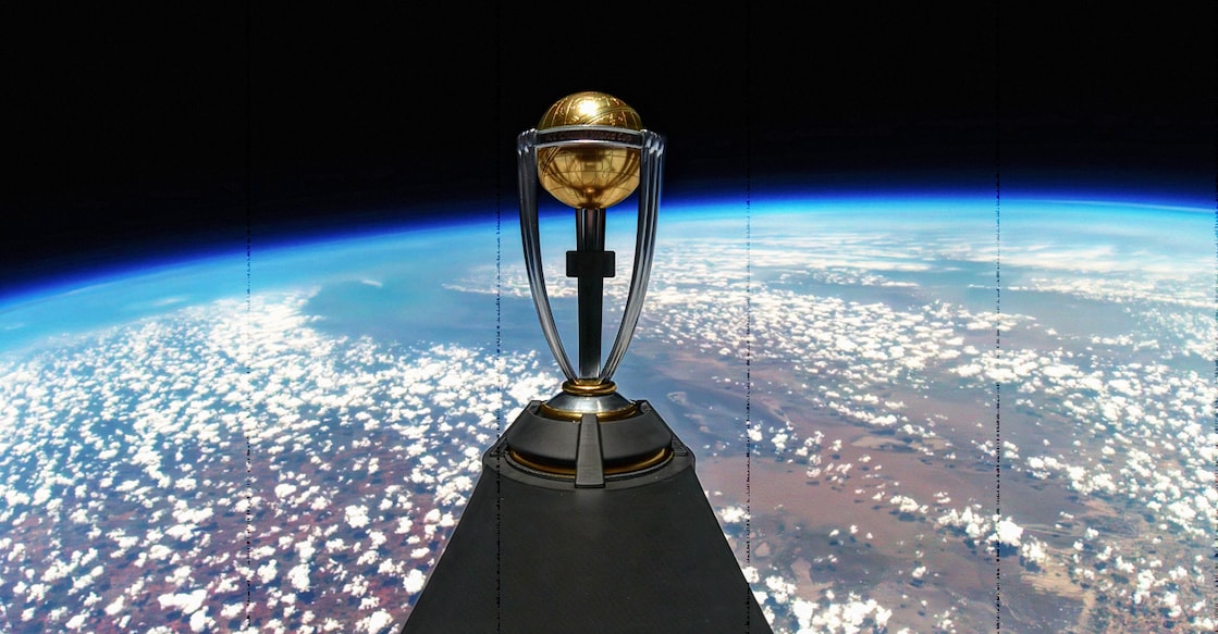 The ICC World Cup trophy was attached to a bespoke stratospheric balloon. Photo: Twitter/@ICC