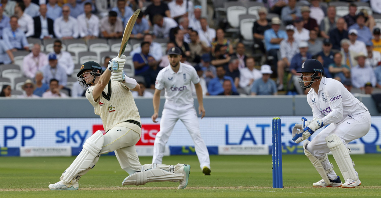 Australia's Steven Smith watches the ball after playing a shot for four runs on day one of the second Ashes cricket Test match between England and Australia at Lord's cricket ground in London on Wednesday. Photo: AFP/Ian Kington