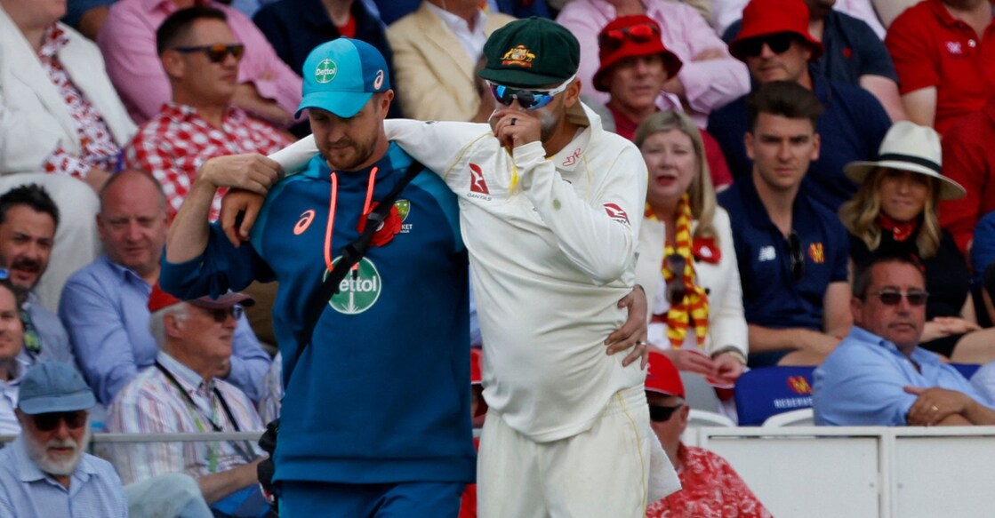 Lyon had to go off the field with the support of a member of the Australian team medical staff. Photo: IANS
