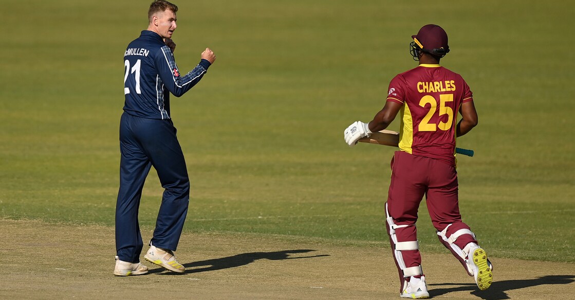 Scotland defeated West Indies by 7 wickets in the Super Six clash at the qualification tournament in Zimbabwe on Saturday. Photo: Twitter/@ICC