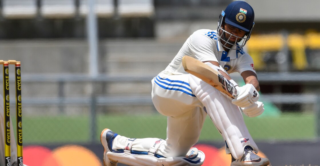 Yashasvi Jaiswal plays a sweep shot agianst the Windies. Photo: AFP/Randy Brooks
