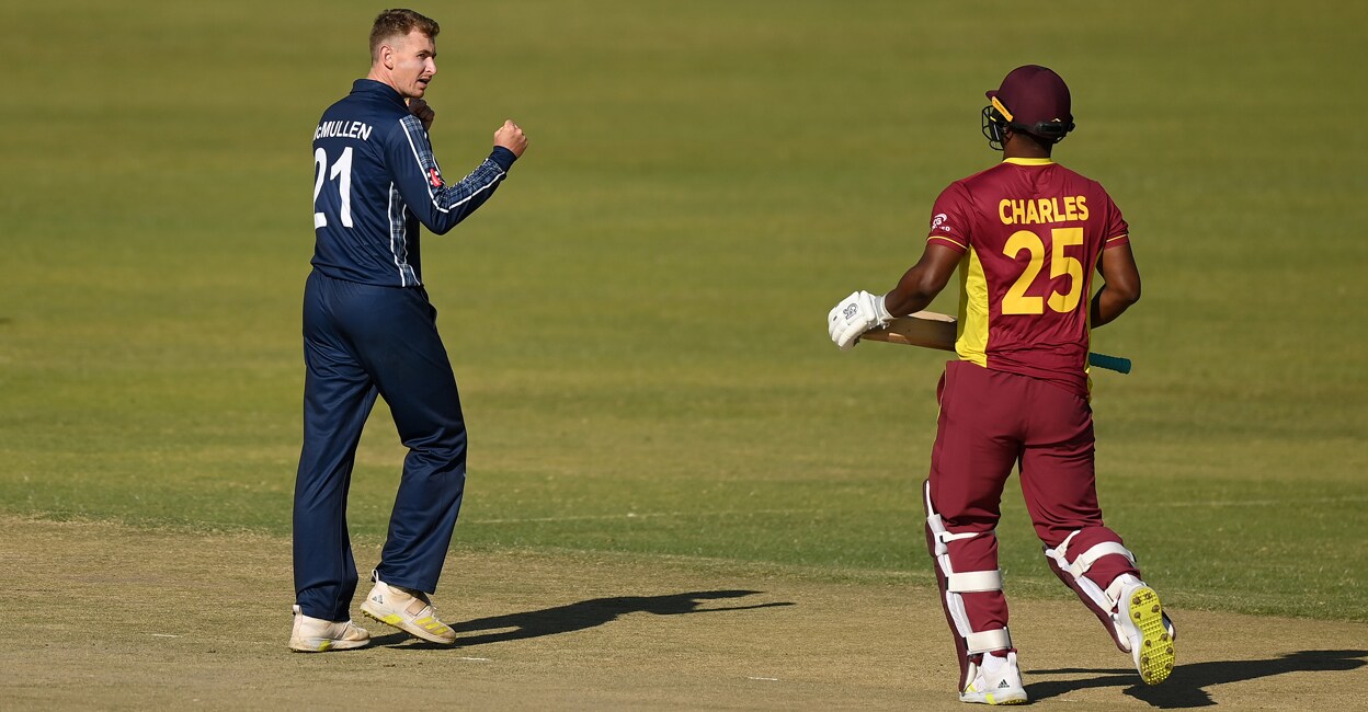McMullen gets Charles Scotland's Brandon McMullen exults after dismissing West Indies opener Johnson Charles. Photo: Twitter@ICC