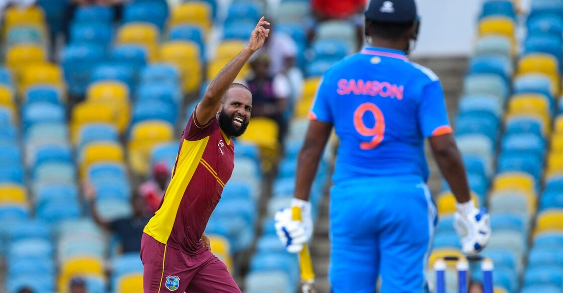 Cariah gets Sanju Yannic Cariah sent back Sanju Samson for nine in the second ODI. File photo: AFP/Randy Brooks