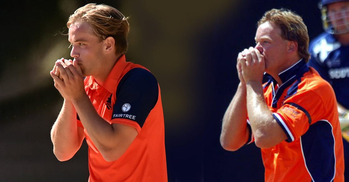 Bas de Leede celebrates a wicket just like his dad Tim de Leede. Photos: Twitter@ICC