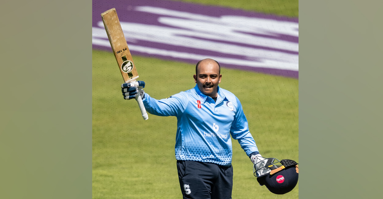 Prithvi Shaw celebrates his double century. Photo: Twitter/@NorthantsCCC