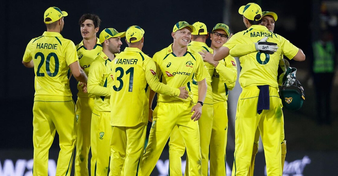 Australian players celebrate their win over South Africa. Photo: AFP/Phill Magakoe 