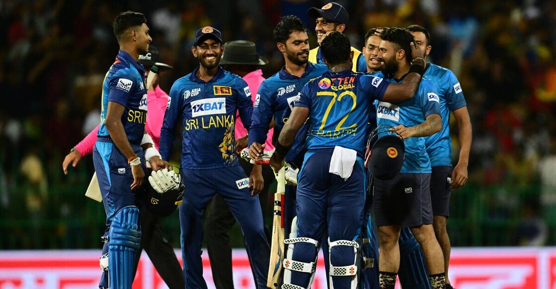Sri Lankan players celebrate their win. Photo: AFP/Ishara S Kodikara