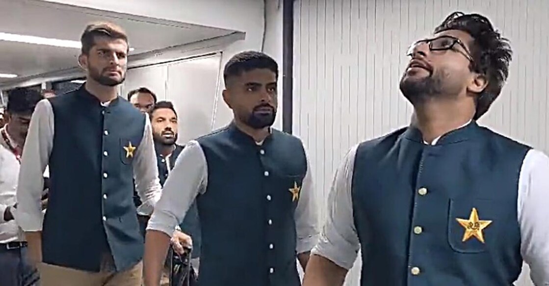 Shaheen Afridi, Babar Azam and Imam-ul-Haq on arrival at the Hyderabad airport. Phot: IANS