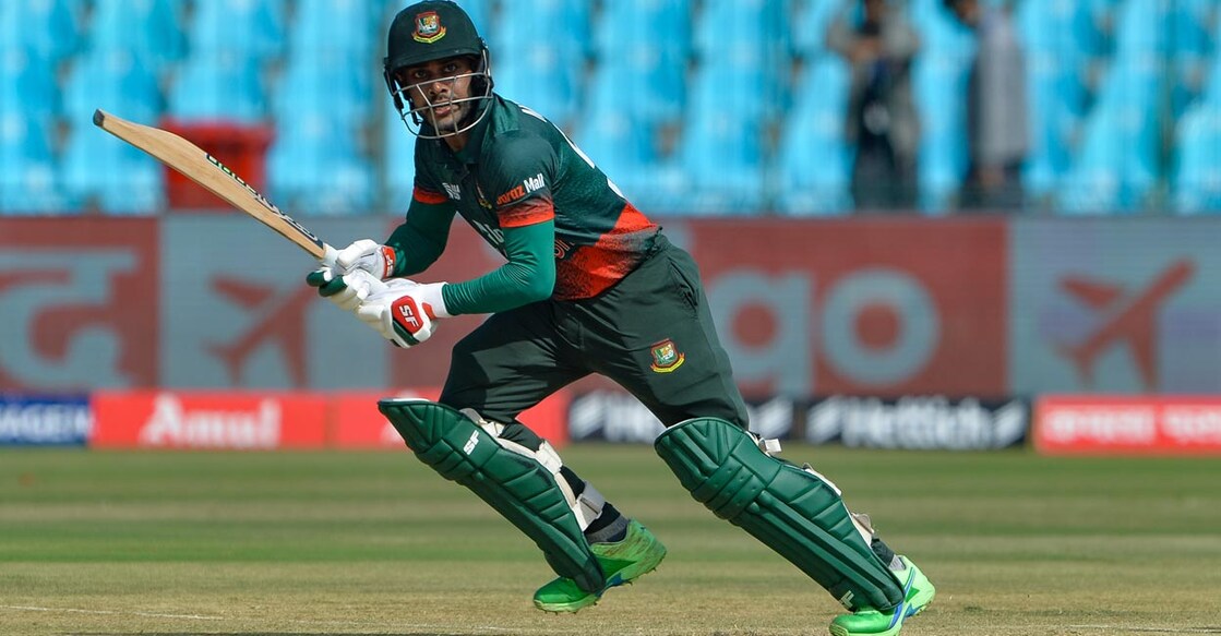 Bangladesh opener Mehidy Hasan Miraz plays one on the leg side. Photo: AFP/Asif Hassan 