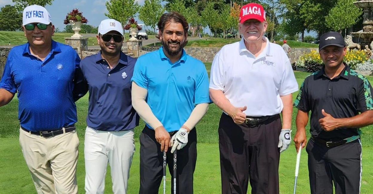 MS Dhoni plays golf with Donald Trump Dhoni engaged in a game of golf with Trump. Photo: Instagram@hitesh412740