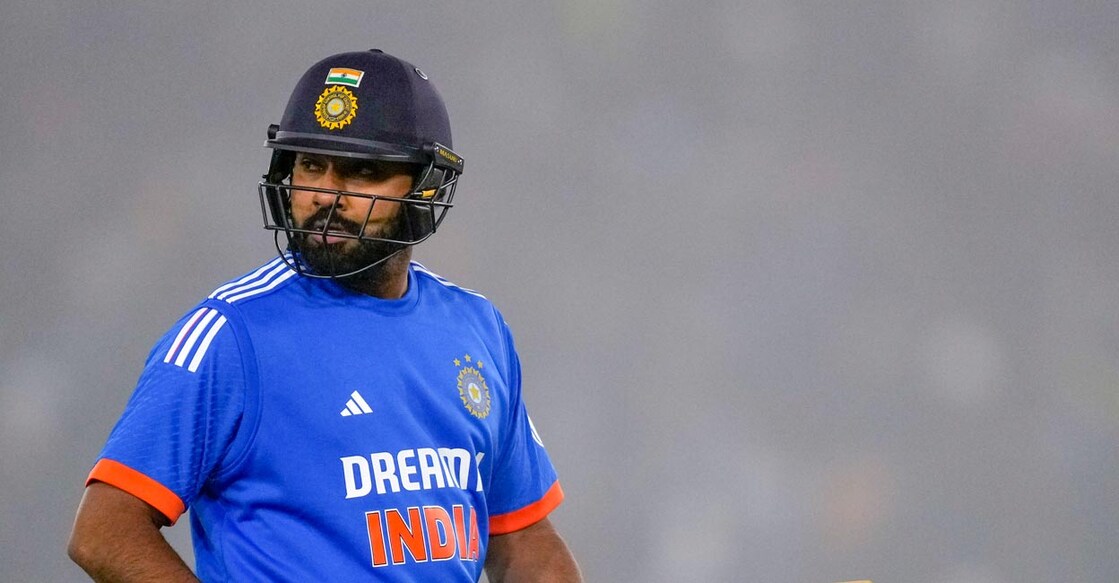 Rohit Sharma reacts after falling for a duck. Photo: PTI/Kamal Kishore