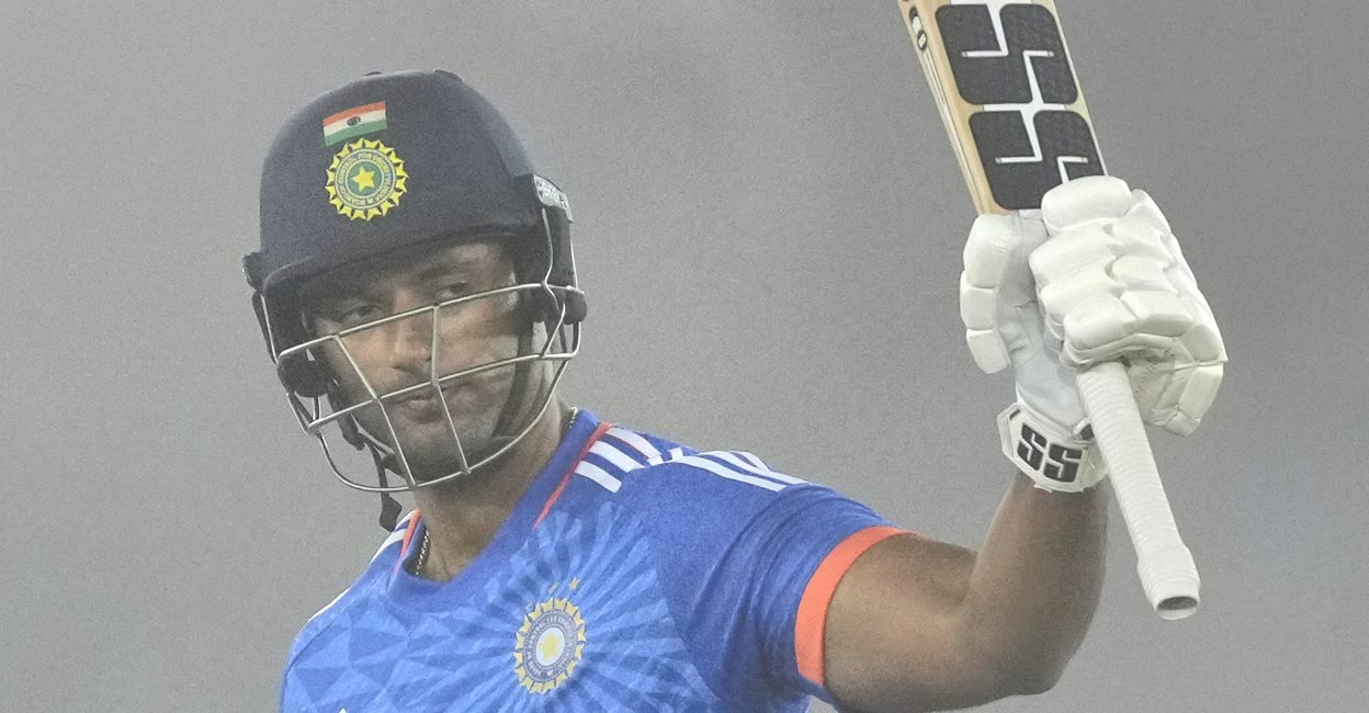 Shivam Dube celebrates his half-century. Photo: PTI/Kamal Kishore